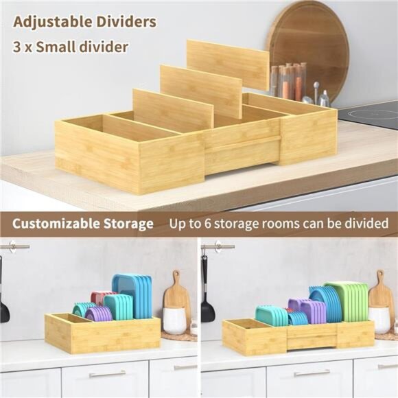 Expandable Kitchen Lid Organizer Bamboo Cabinet Drawer Pantry Storage with Divid - Picture 3 of 7